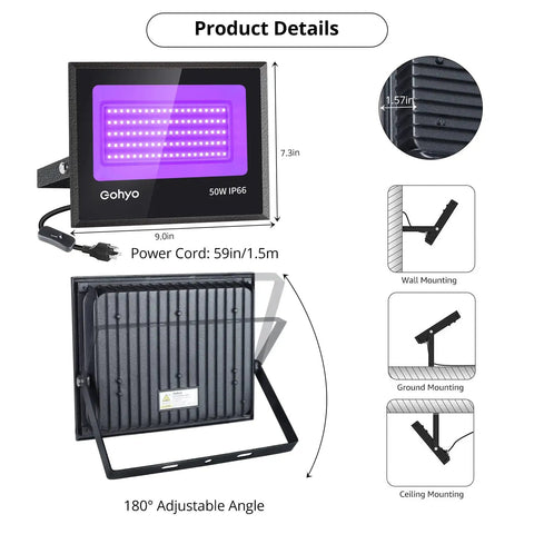 Two Pack 50W UV Black Light Flood Lights With 100 LEDs IP66 Waterproof For Glow Parties Bars Body Painting Halloween And Stage Lighting Wide 120 Degree Beam Covering Up To 750 Square Feet Flicker Free, showing product dimensions and mounting options