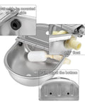 Heavy Duty Stainless Steel Water Dispenser For Dogs Cats And Poultry With Smart Float Valve Auto Refill showing float valve and drain plug details.
