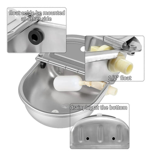 Heavy Duty Stainless Steel Water Dispenser For Dogs Cats And Poultry With Smart Float Valve Auto Refill showing float valve and drain plug details.