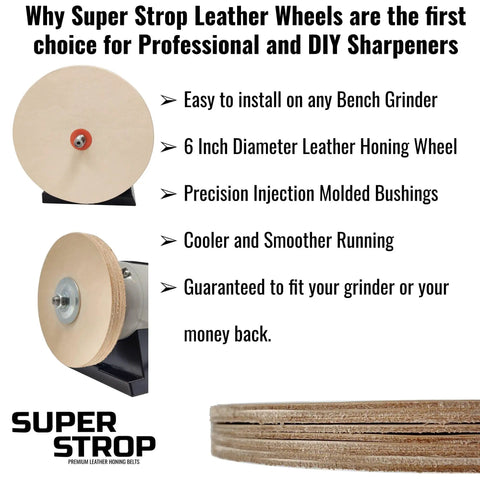 Leather Honing Wheel For 6 Inch Bench Grinders And Polishers, Durable Stacked Leather Buff Wheel 3/4 Inch Thick, Easy Mount