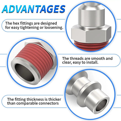 Close-up of Heavy Duty Industrial Air Plug Set for Air Compressors showing hex fitting design, smooth threads, and thick connectors.