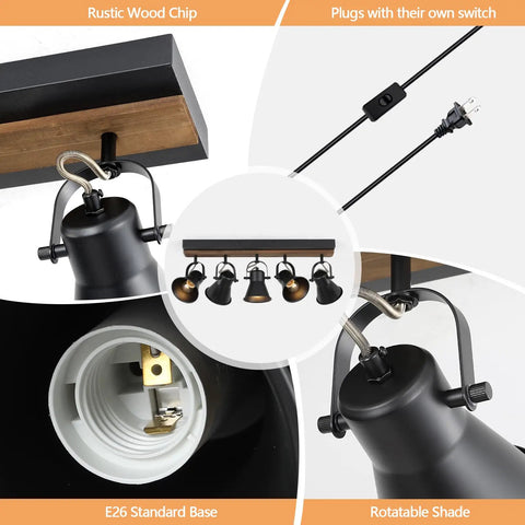 Five Light Plug In Track Lighting Kit In Black With Rotatable Heads For Living Room Bedroom Hallway And Kitchen, showing details of plug and rotatable shade