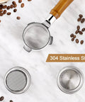 54mm Bottomless Portafilter For 8 Series Espresso Machines With Wood Handle Stainless Steel For Home Baristas, filters displayed
