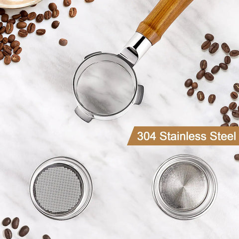 54mm Bottomless Portafilter For 8 Series Espresso Machines With Wood Handle Stainless Steel For Home Baristas, filters displayed