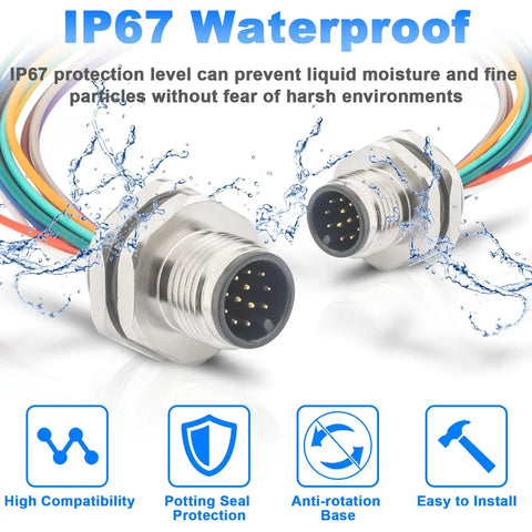 Unshielded M12 12-Pin A-Code Connector Cable, 0.2M Straight Back-Mount, IP67 Waterproof Aviation Sensor Lead with PVC Jacket