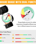 Four Pack Upgraded Propane Tank Gauge With Color Coded Dial For Five To Forty Pound Tanks Propane Level Indicator Meter QCC1 Type 1 Connection Ideal For BBQ Grills Cylinders And RV Use. Brass propane tank gauge with color dial for 5-40 lb cylinders, shown front view.