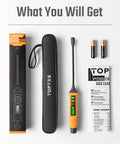 Pen Style Gas Leak Detector With Four Inch Probe For Sniffing Out Natural Gas And Propane Leaks Tracks Percent Lel displayed with packaging and batteries.