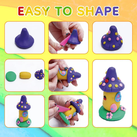 Steps shaping a mushroom house with 70 Color Polymer Clay Kit With Oven Bake Clay For Kids And Adults Diy Sculpting Molding Clay Set
