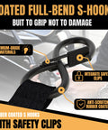 Close-up of rubber-coated S-hooks with integrated safety clips on heavy duty 1 inch by 12 foot retractable ratchet straps.