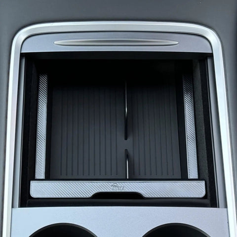 Center Console Organizer For Tesla Model Y And Model 3 With Backlit Transparent Lid And Smooth Sliding Tray Carbon Edition Upgrade