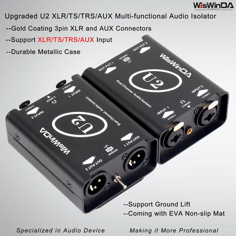 U2 Pro XLR To 1/4 Inch AUX HiFi Audio Isolation Box with Ground Loop Eliminator and Noise Filter, studio audio equipment.