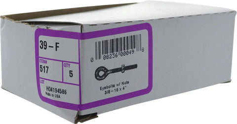 Box labeled 39-F with barcode, containing Five Piece Zinc Eye Bolts With Nuts For Hanging And Tie Downs Steel Eye Bolts
