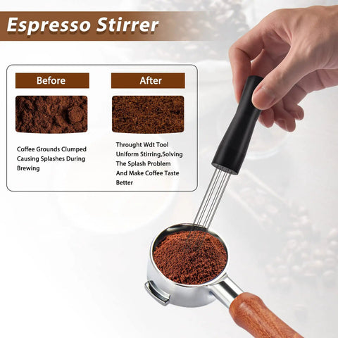 Five Piece Espresso Tamper Station Kit With Wooden Distributor, Calibrated Spring Loaded Tamper, Espresso Stirrer, Cleaning Brush, And 58mm Tamping Mat Pro Grade Barista Gear For Home Or Cafe Use