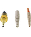 Corning UNICAM ST-compatible OM1 multimode fiber connector with amber housing, beige boot, ceramic ferrule.