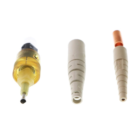 Corning UNICAM ST-compatible OM1 multimode fiber connector with amber housing, beige boot, ceramic ferrule.