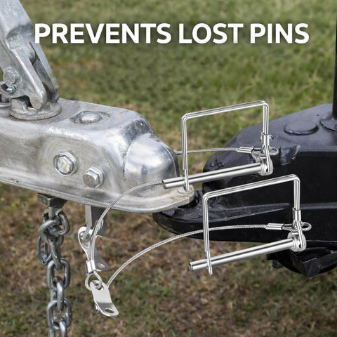 Two Pack Trailer Coupler Pins 1/4 X 4 Inch And 5/16 X 4 Inch With Anti Loss Cable Square Wire Lock Pin For Trailer Hitch Latch installed.