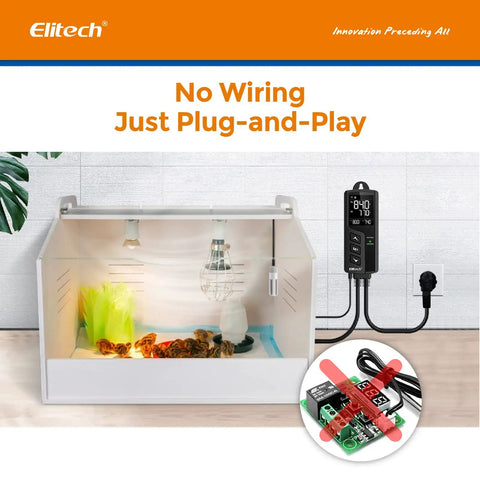 STC1000 Temperature And Humidity Controller No WiFi Thermostat with digital display next to a reptile tank setup.