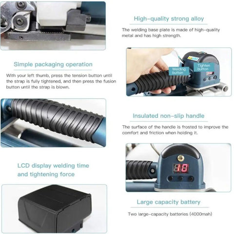 Portable Electric Strapping Machine Kit With Hot Melt Welding Action For Effortless PP PET Strap Sealing On Cartons And Pallets, featuring LCD display and insulated handle.
