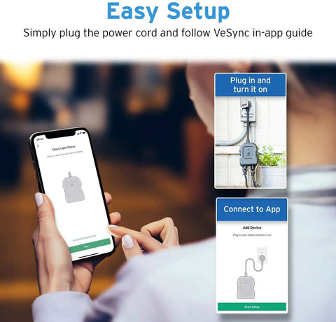 Person using VeSync app setup for Outdoor Two Socket Smart Plug WiFi Outlet With Alexa And Google Home Compatibility