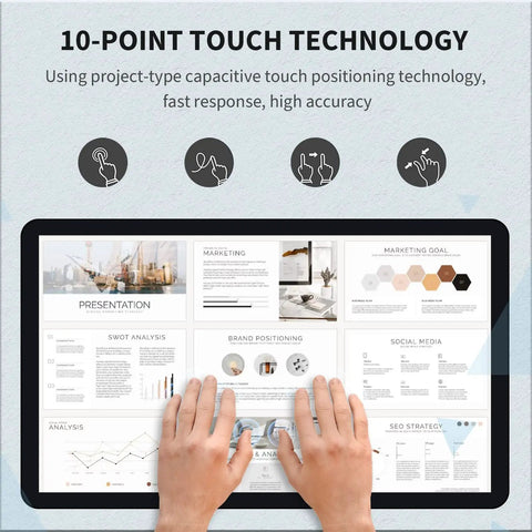 Slick 27 Inch Android 11 Touchscreen Monitor showcasing 10-point touch technology in use for a presentation.