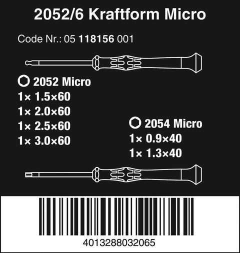 Kraftform Micro Ball End Hex Pro Grade Screwdriver Set With Rack diagram showing screwdriver sizes, code, and barcode.