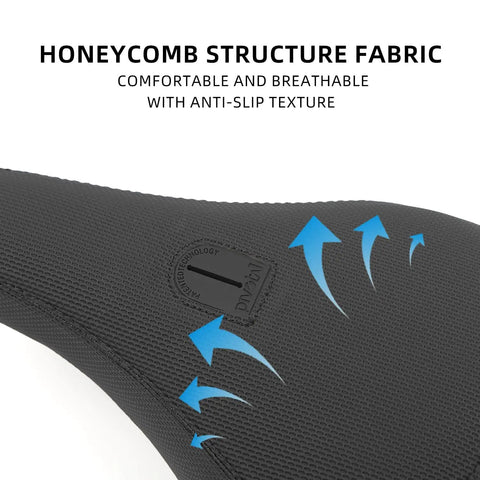 Close-up of BS01 BMX Saddle with honeycomb structure fabric, showcasing anti-slip texture and breathability for smooth rides.
