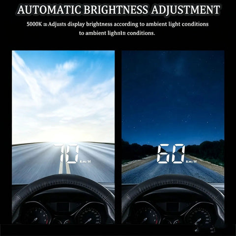 Windshield Speed Projector Heads Up Display For Tesla Cybertruck With Auto Brightness showing speed in daylight and night conditions.