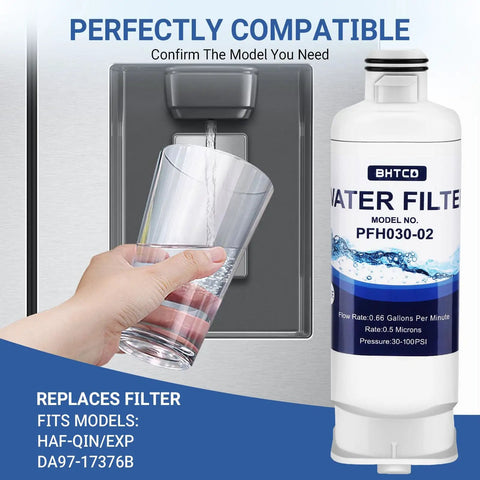 Two Pack Fridge Water Filter Replacement For Samsung RF Series Refrigerators beside water dispenser