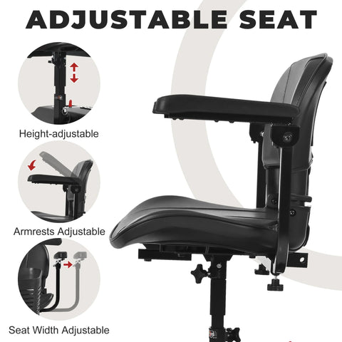 Side view of an adjustable mobility scooter seat with height-adjustable post and adjustable armrests