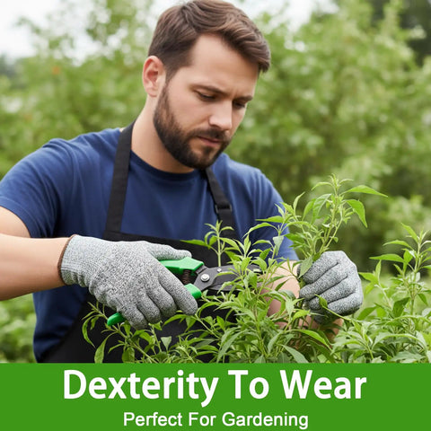 Man wearing cut resistant gloves pruning plants with shears in a garden, showcasing gloves' non-slip grip and comfort.