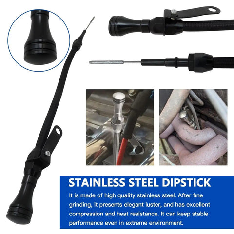 Flexible Black Aluminum And Stainless Oil Dipstick For LS Engines 4.8L 5.7L 6.0L with Teflon-Lined Braided Housing shown next to car engine