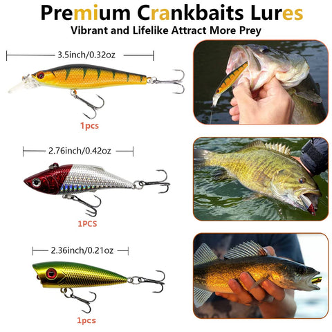 Ultimate Fishing Lures Kit With Crankbaits Topwater Spinnerbaits Worms Jigs Hooks Tackle Box And More Gear For Bass And Trout One Stop Tackle Set For Serious Anglers showing 3 crankbait lures with fish images