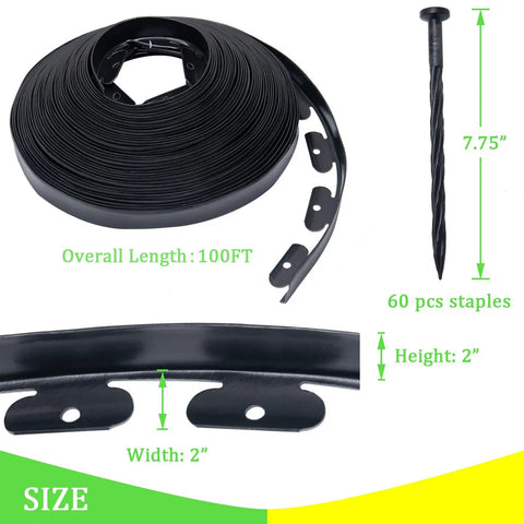 2 Inch Tall Landscape Edging Kit For 100 Ft Of Lawn And Garden Border With 5 Connectors And 60 Anchoring Spikes, showing components