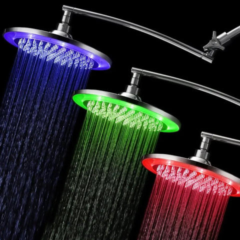 Color Changing LED Rainfall Shower Head 10 Inch With Water Powered Temperature Color Shift And 15 Inch Arch Height Adjustable Extension Arm In Chrome Finish For Overhead Coverage And A Dope Spa Vibe Shower Experience showing blue, green, and red lights