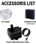 Accessories for Automatic Mini Sewage Pump; includes 6 ft hose, sponge filter, USB power cable, ideal for pet fountains and dehumidifiers.