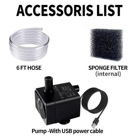 Accessories for Automatic Mini Sewage Pump; includes 6 ft hose, sponge filter, USB power cable, ideal for pet fountains and dehumidifiers.