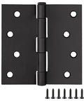 Four Inch Matte Black Interior Door Hinges Value Pack With Three Heavy Duty Leaves Pre Lubricated For Dead Silent Swing showing hinge and screws.