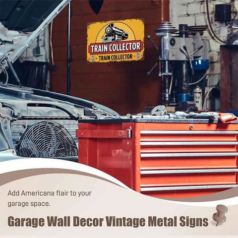 Steam Locomotive Metal Sign 8x12 Inches Aluminum Wall Decor for Garage with Man Cave Vibe displayed in workshop area.