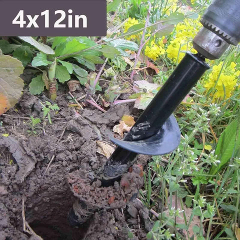Auger drill bit for planting, 4x12 in, black metal with spiral cutter, attached to drill in garden soil