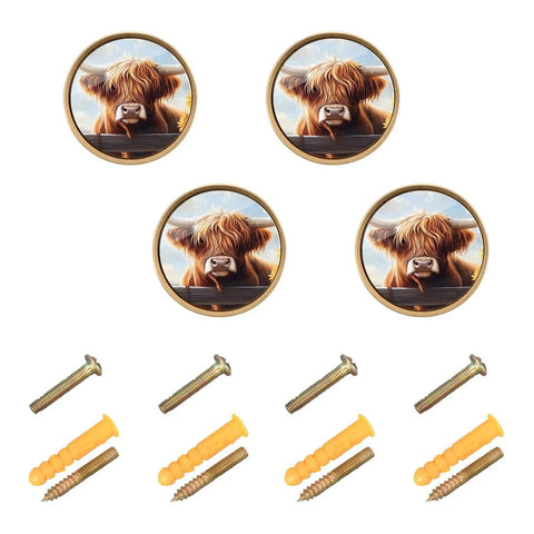 Four Pack Highland Cow Sunflower Gold Cabinet Knobs with dual screws, featuring a playful cow design and scratch-resistant print