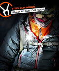 Person wearing jacket with Rechargeable Magnetic LED Flashlight 1000 Lumens With 6 Modes, clipped to chest hiking outdoors.
