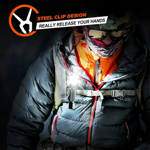Person wearing jacket with Rechargeable Magnetic LED Flashlight 1000 Lumens With 6 Modes, clipped to chest hiking outdoors.