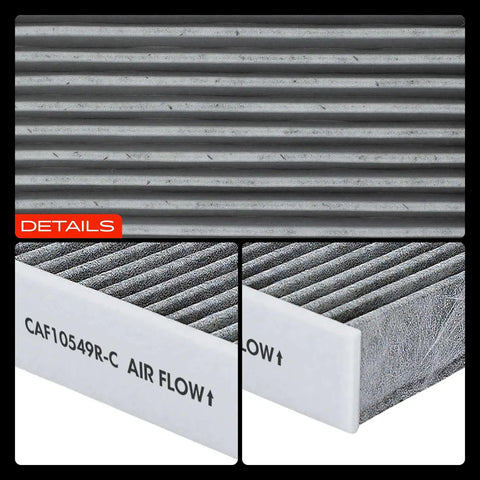 Close-up of activated carbon cabin air filter texture and edges, model CAF10549R-C, for Honda Fit Scion FRS Subaru BRZ WRX Toyota 86 2007-2023.