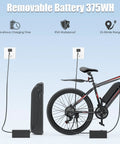 500W Electric Mountain Bike With Cruise Control And Pedal Assist For Adults 26 Inch Wheels 21 Speed Drivetrain 48V 375Wh Battery Smooth Acceleration Kickass Hill Climb Long Range Commuter EBike UL2849 Certified, rear wheel and battery view