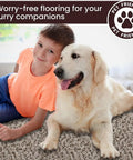 Child and dog on Premium Plush Carpet Tiles With Built In Padding Peel And Stick 18x18 Floor Squares Made In USA 22.5 Sq Ft Pack Of 10 Seamless DIY Flooring With Attached Padding Crystal 537