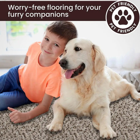 Child and dog on Premium Plush Carpet Tiles With Built In Padding Peel And Stick 18x18 Floor Squares Made In USA 22.5 Sq Ft Pack Of 10 Seamless DIY Flooring With Attached Padding Crystal 537