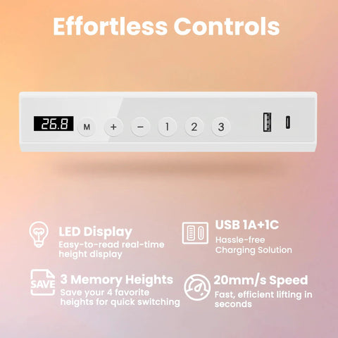 Control panel of Glass Standing Desk With Drawers, 35 By 20 Inch Electric Adjustable Height, with USB charging ports and presets.