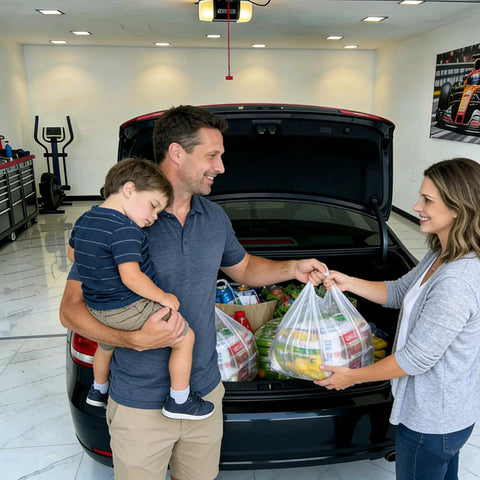 Family unloading groceries from a car trunk, featuring a child in the father's arms.