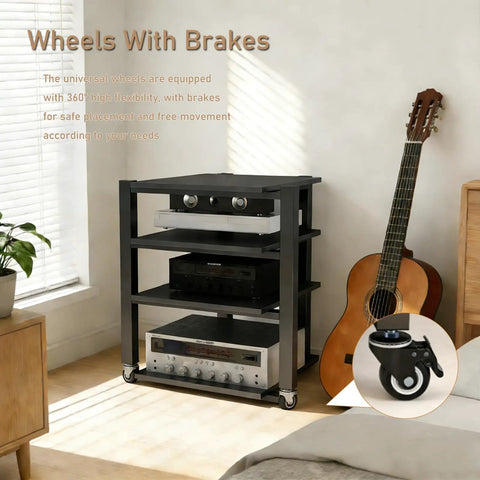 Heavy Duty Audio Component Rack With Smooth Locking Wheels Four Tier Black AV Media Stand Park Your Studio Gear In Style Solid As A Rock For Every Setup