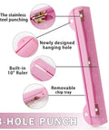 Pink 3 Hole Binder Punch, Compact Desk Tool With 5 Sheet Capacity, includes 10 Inch Ruler, Paper Chip Tray, and Paper Line Up Guide